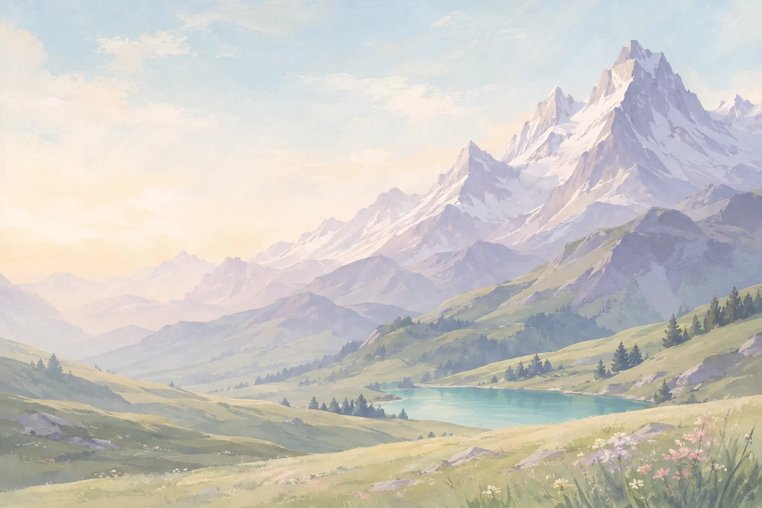 Pastel Alpine mountains, lake and flowers
